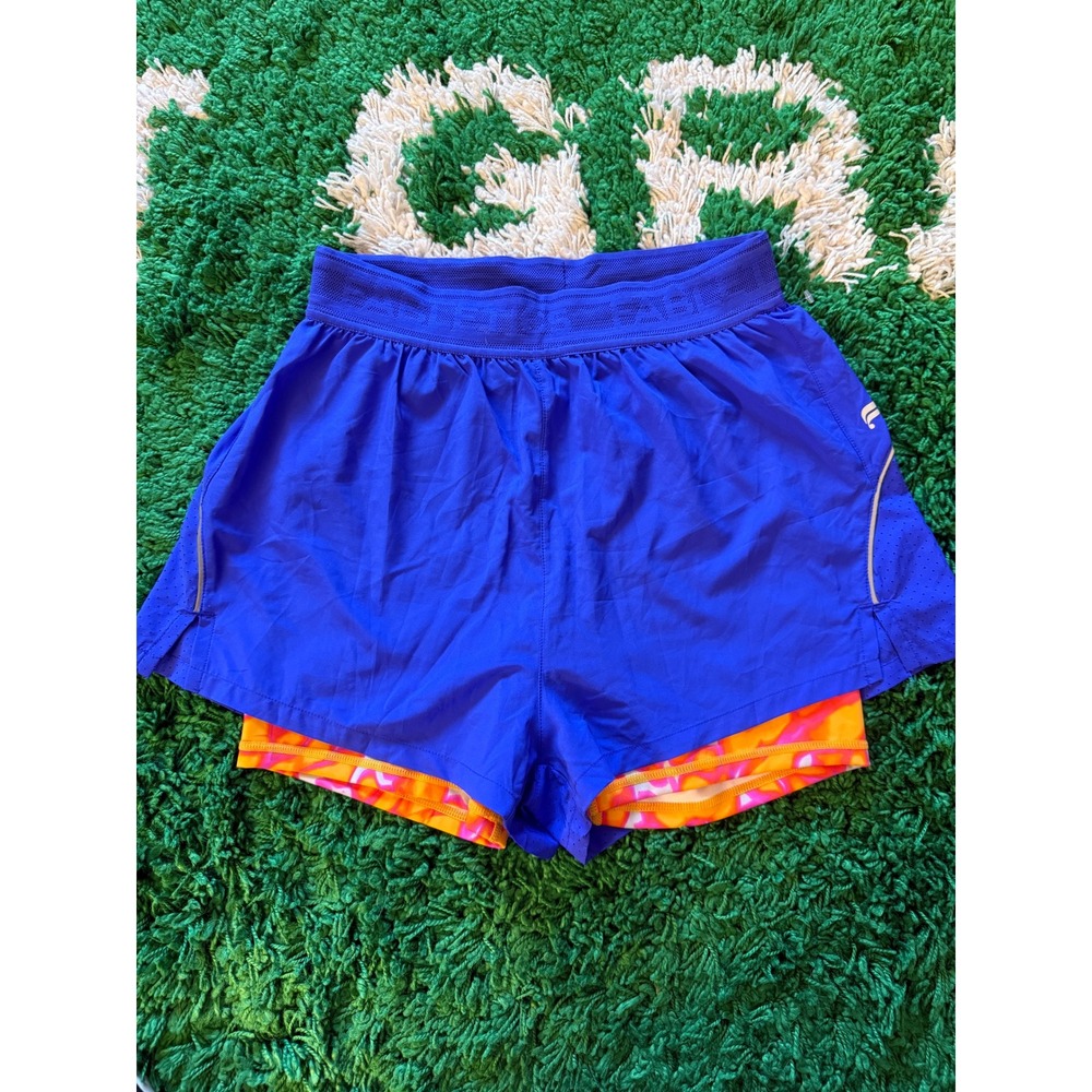 Fabletics Womens 2-in-1 Running Shorts Blue Orange Pink Layered Athletic (B)